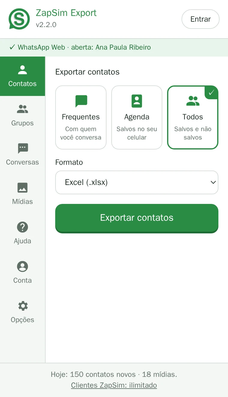 Exportar contatos: Frequentes, Agenda ou Todos, com filtro por etiqueta