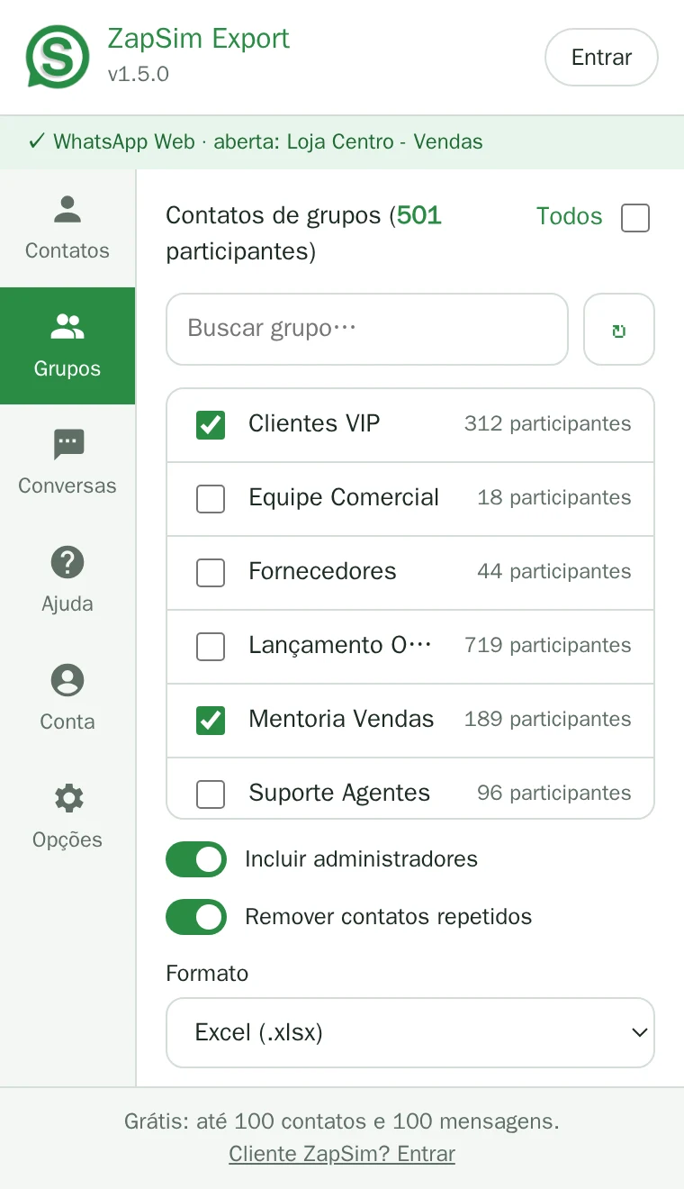 Lista de grupos com número de participantes e seleção múltipla