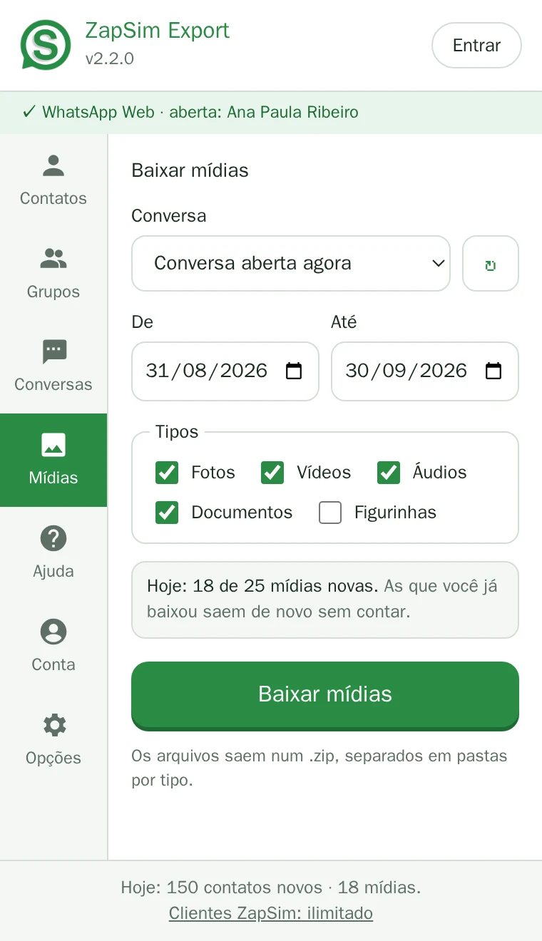 Baixar mídias: conversa, período e tipos (fotos, vídeos, áudios, documentos)